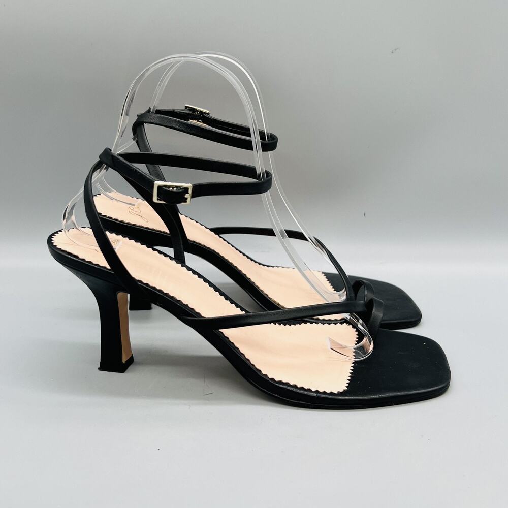 J Crew Sandals Womens 9 Black Leather Strappy Ankle Spool Heel Open Toe Shoes